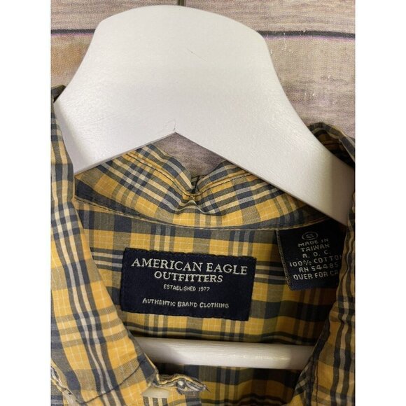 American Eagle Mens Small Button Down Shirt Long Sleeve Plaid Yellow Blue - Picture 9 of 9